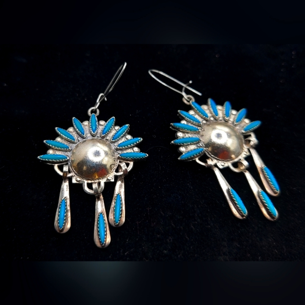 Vintage Zuni style needle petit point silver and turquoise dangle earrings